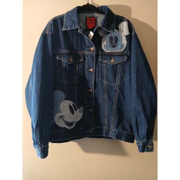 Disney Forever 21 Mickey Mouse Denim Jacket Blue Oversized Patchwork Womens S - Picture 3 of 10